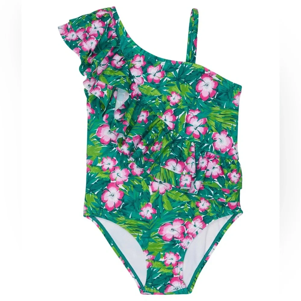 Janie and Jack Baby Girl's Tropical Floral Ruffle‎ Swimsuit Green 12-18 Months